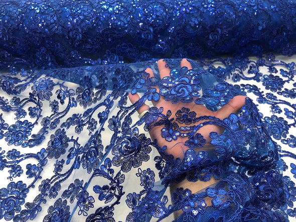 Royal blue flowers embroider with sequins and  corded on a mesh lace-prom-nightgowns-decorations-bridal- sold by the yard.