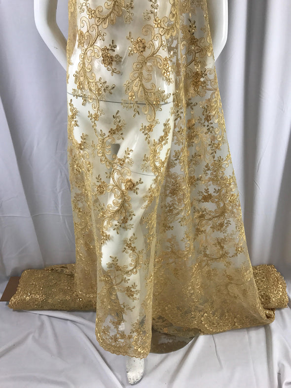 Gold corded flower design-embroider with sequins on a mesh lace fabric-prom-nightgown-decorations-sold by the yard-