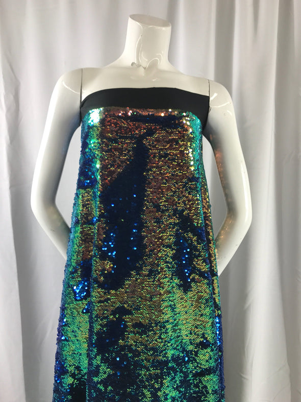 Reversible mermaid shiny sequins royal blue-salmon 2 way stretch black spandex-54" wide-apparel-fashion-dresses-nightgown-sold by the yard-