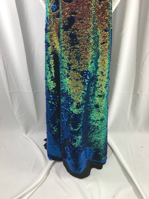 Reversible mermaid shiny sequins royal blue-salmon 2 way stretch black spandex-54" wide-apparel-fashion-dresses-nightgown-sold by the yard-