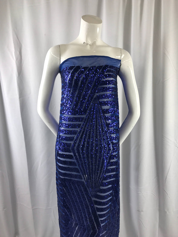 Geometric designer shiny sequins embroidery on a royal blue mesh fabric-54" wide-apparel-fashion-dresses-decorations-sold by yard.