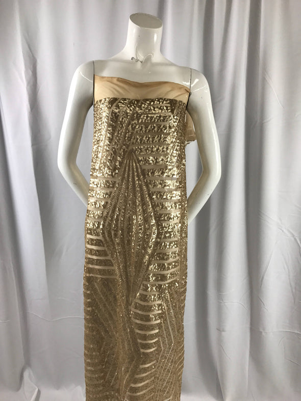 Geometric designer matt gold sequins embroider on a nude mesh fabric-54" wide-apparel-nightgown-fashion-dress-sold by the yard.