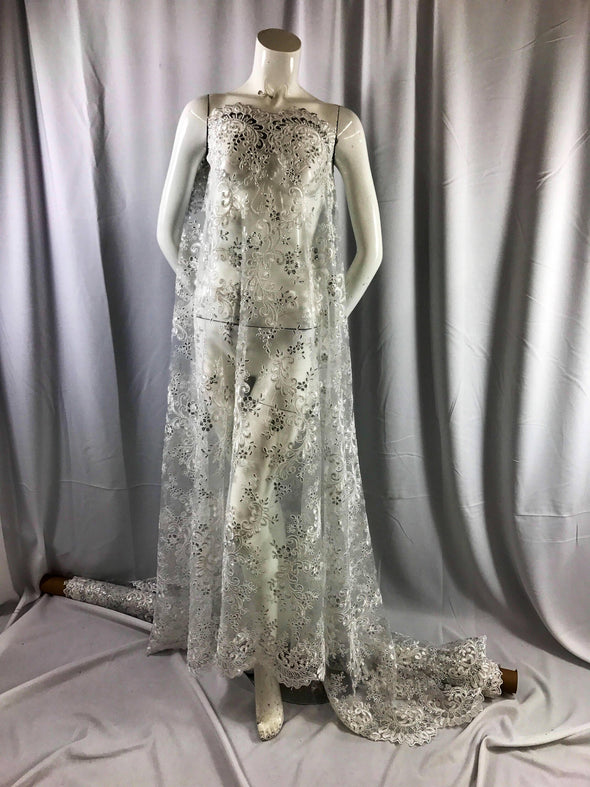 Ivory french corded design-embroider with sequins on a mesh lace fabric-prom-nightgown-decorations-dresses-sold by the yard