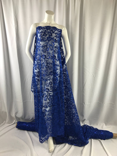 Royal blue corded flowers embroider with sequins on a mesh lace fabric-wedding-bridal-nightgown-dresses-apparel-fashion-sold by the yard-