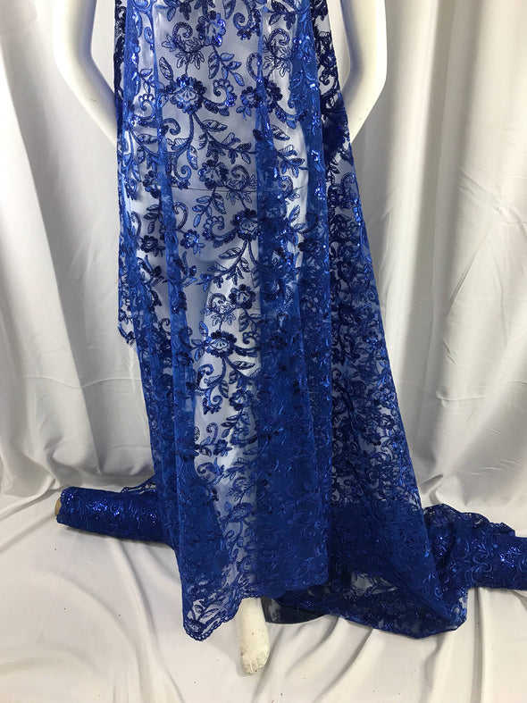 Royal blue corded flowers embroider with sequins on a mesh lace fabric-wedding-bridal-nightgown-dresses-apparel-fashion-sold by the yard-