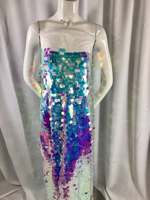 Clear round hologram iridescent mermaid fish scales on a white mesh-prom-decorations-nightgown-dresses-craft-sold by the yard.