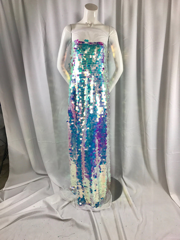 Clear round hologram iridescent mermaid fish scales on a white mesh-prom-decorations-nightgown-dresses-craft-sold by the yard.