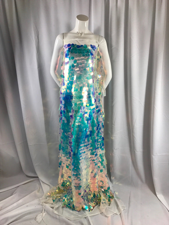 clear hologram iridescent mermaid fish scales on a white mesh-prom-decorations-dresses-Sequins-nightgown-craft-sold by the yard.