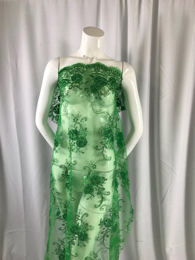 Green/silver 3 d flowers embroider with sequins on green mesh lace. Wedding/bridal/prom/nightgown fabric-dresses-Sold by the yard.