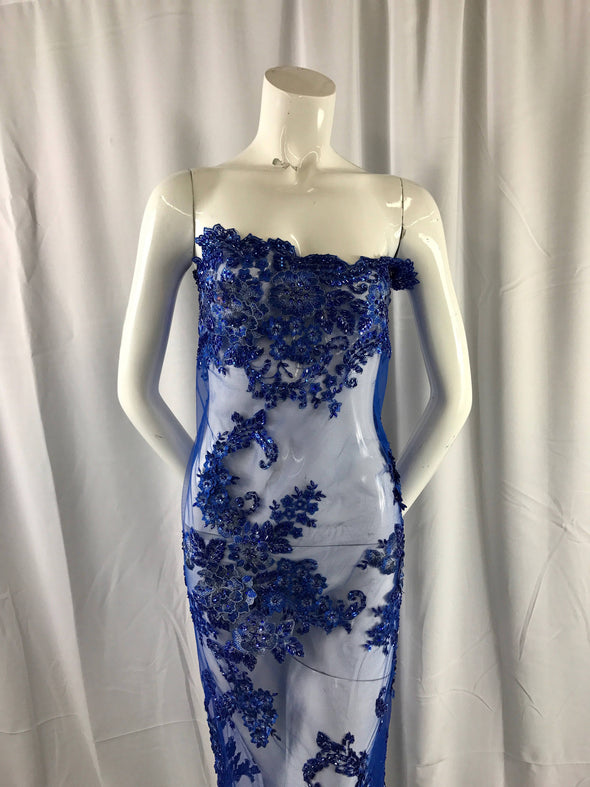 Royal Blue lavish 3D Flowers Embroider With Sequins And Beaded On A Mesh Lace-prom-nightgown-dreses-fashion-apparel-sold by the yard.