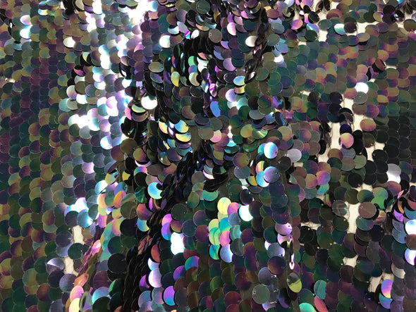 Black round hologram iridescent mermaid fish scales on a black mesh-prom-nightgown-decorations-dresses-craft-sold by the yard.