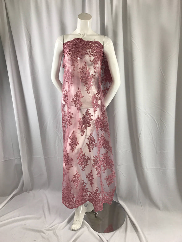 Dusty rose classy paisley flowers embroider on a mesh lace-dresses-fashion-decorations-nightgown-apparel-sold by the yard.