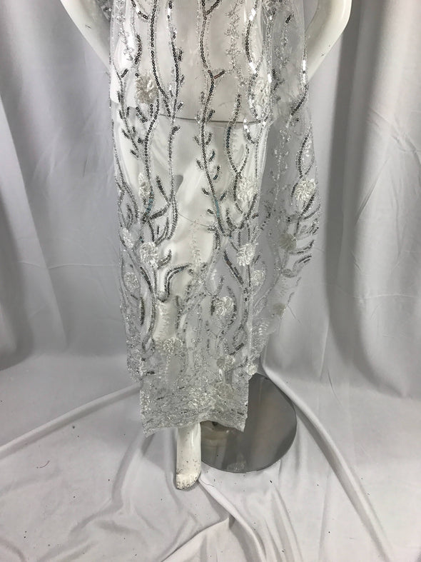 White tree desighn with 3d flowers embroider with sequins on a mesh lace. Wedding/ bridal/ nightgowns/ prom dresses-apparel-Sold by the yard