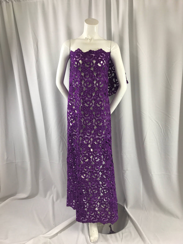 Purple flowers embroider and hand beaded organza lace.36x50inches-fashion-dresses-apparel-Sold by the yard.