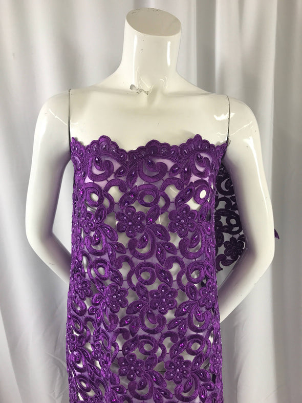 Purple flowers embroider and hand beaded organza lace.36x50inches-fashion-dresses-apparel-Sold by the yard.