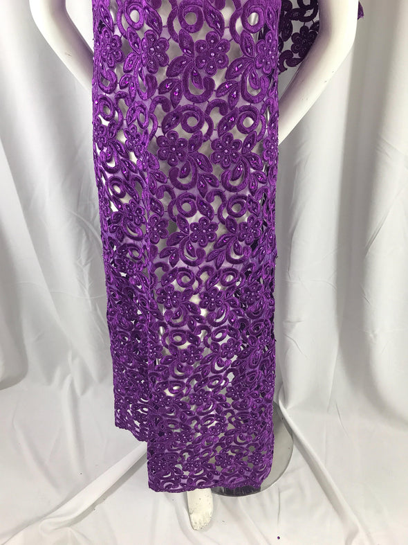 Purple flowers embroider and hand beaded organza lace.36x50inches-fashion-dresses-apparel-Sold by the yard.