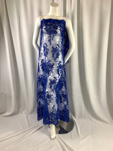 Royal blue french corded flowers embroider on a design mesh lace fabric-dresses-apparel-fashion-decorations-sold by the yard-