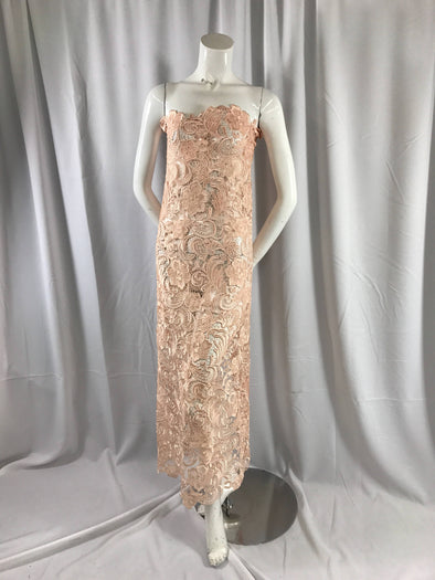 Fascinating peach light weight guipure design-prom-nightgown-decorations-apparel-fashion-dresses-nightgown-sold by the yard