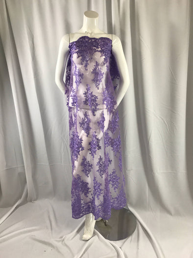 Lavender classy paisley flowers embroider on a mesh lace-fashion-decorations-dresses-nightgown-sold by the yard.