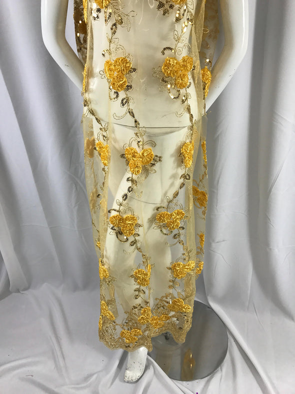 Gold 3d flowers embroider with sequins on a gold mesh lace. Wedding/bridal/prom/nightgown fabric-dresses-fashion-Sold by the yard.