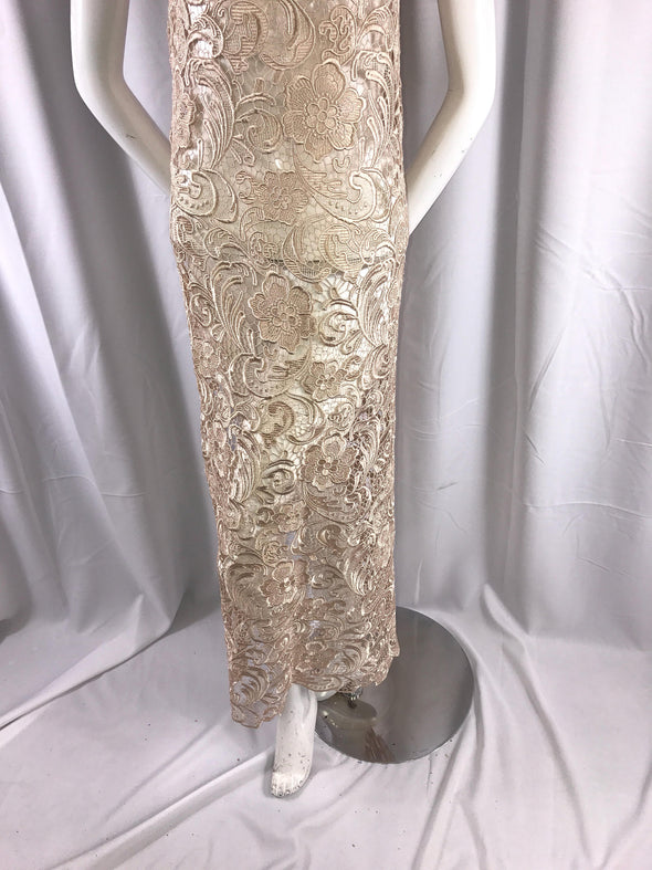 Champagne classy flower guipure lace-prom-nightgown-decorations-apparel-fashion-dresses-sold by the yard.