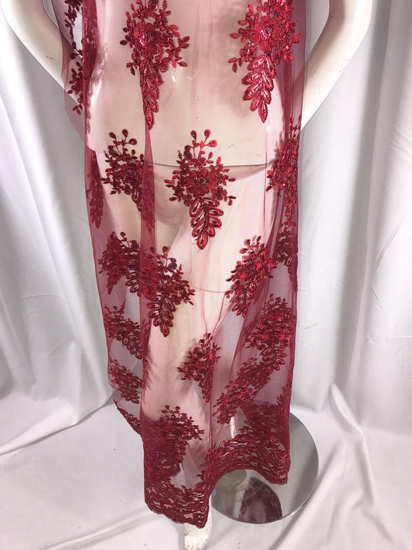 Burgundy french flower design embroider and corded with sequins on a mesh lace-wedding-beidal-prom-nightgown-dresses-sold by the yard.