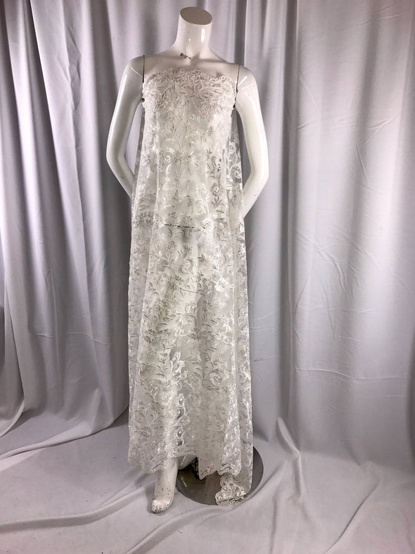 Ivory corded flowers embroider with sequins on a mesh lace fabric-wedding-bridal-prom-nightgown-dresses-fashion-sold by the yard-