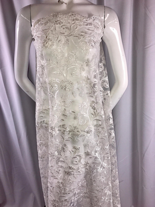 Ivory corded flowers embroider with sequins on a mesh lace fabric-wedding-bridal-prom-nightgown-dresses-fashion-sold by the yard-