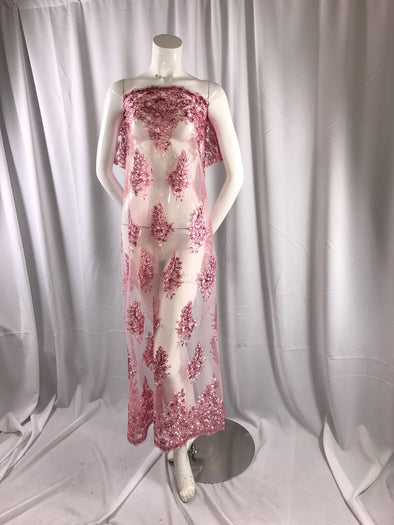 Pink french flower design embroider and corded with sequins on a mesh lace-wedding-bridal-prom-nightgown-dresses-sold by the yard.