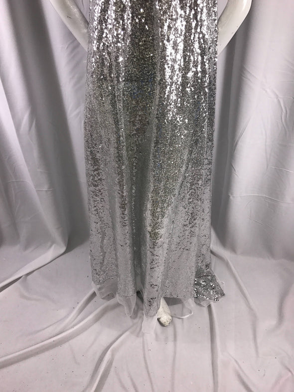 Silver mermaid fish scales-mini sequins embroider on a 2 way stretch mesh fabric-dresses-apparel-fashion-decorations-sold by the yard.