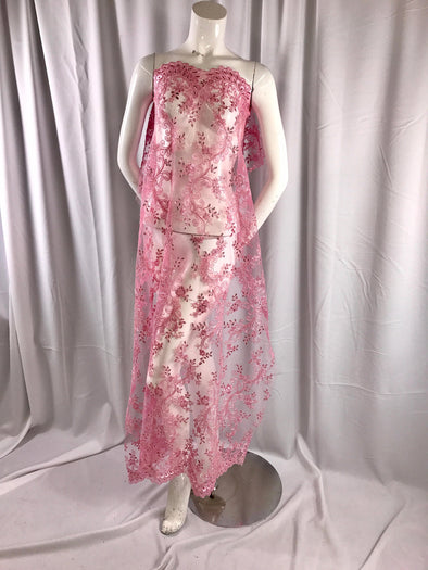Pink corded french design-embroider with sequins on a mesh lace fabric-prom-nightgown-decorations-dresses-sold by the yard-