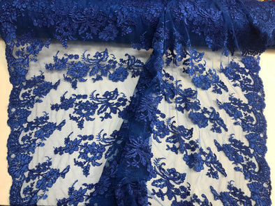 Royal Blue floral design embroider and corded on a mesh lace-fashion-decorations-nightgown-prom-sold by the yard.