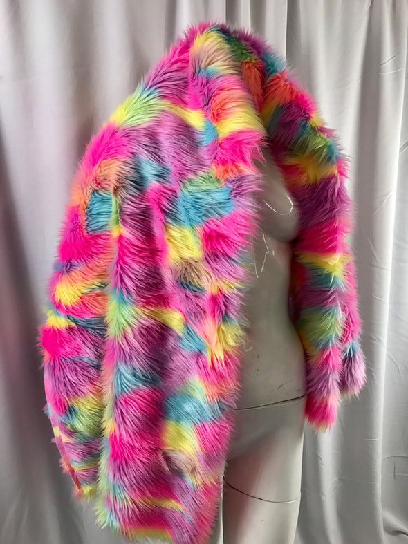 Fuchsia pink multi color tie dyed jacquard faux fun fur-super sofrt shaggy fur-60" wide-apparel-fashion-decorations-jackets-sold by the yard