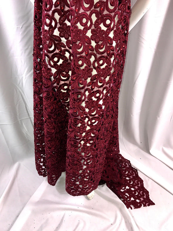 Burgandy flowers embroider and hand beaded organza lace.36x50inches-prom-nightgown-decorations-dresses-fashion-Sold by the yard.