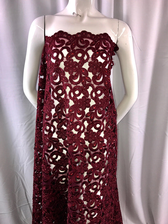 Burgandy flowers embroider and hand beaded organza lace.36x50inches-prom-nightgown-decorations-dresses-fashion-Sold by the yard.