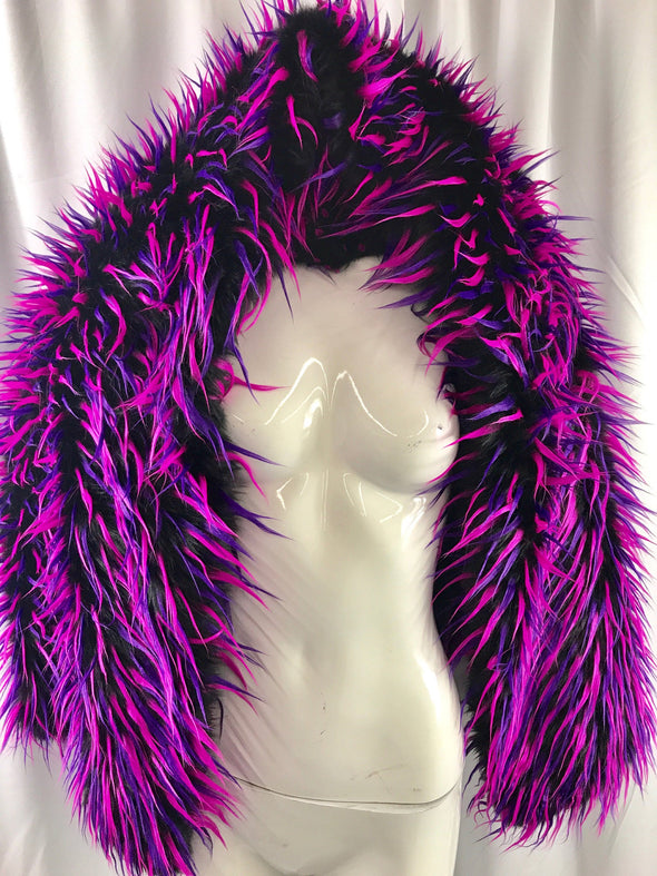 Black 3 tone multi color faux fun fur-fuchsia-purple-shaggy faux fun fur-apparel-fashion-decorations-jackets-upholstery -sold by the yard.