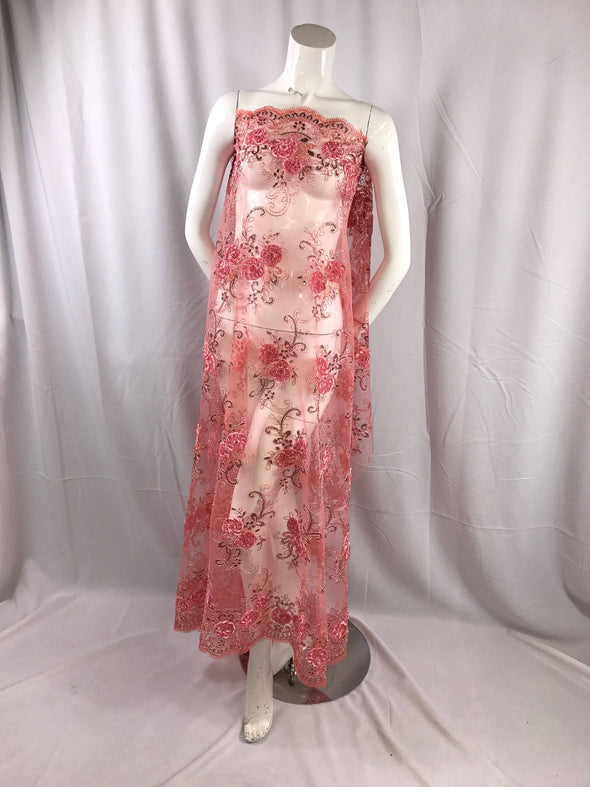 Peach/coral 3d flowers embroider with sequins on a nude mesh lace. Wedding/bridal/prom/nightgown fabric-dresses-fashion-Sold by the yard.