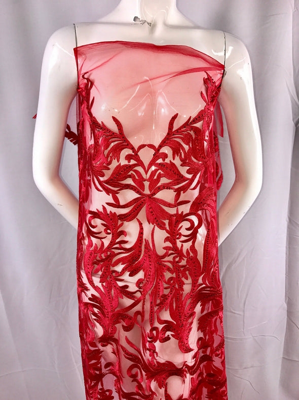 Red rhinestone vines embroider on a mesh lace fabric-dresses-fashion-decorations-nightgown-prom-sold by the yard.