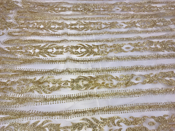 Gold shiny glitter damask design on a mesh lace-prom-decorations-apparel-fashion-nightgown-dresses-sold by the yard.