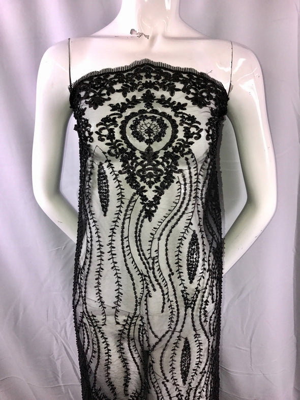 Black hand beaded fabric lace embroider with glass beads,Sequins and pearls on a mesh-prom-decorations-nightgown-bridal-sold by the yard.