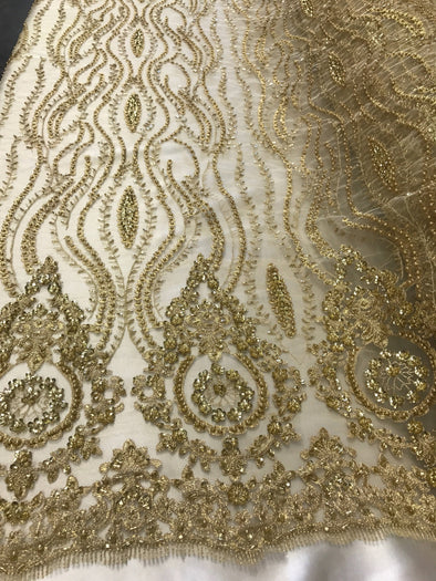 Gold hand beaded lace fabric embroider with metallic tread on a mesh-bridal-prom-decorations-nightgown-sold by the yard.