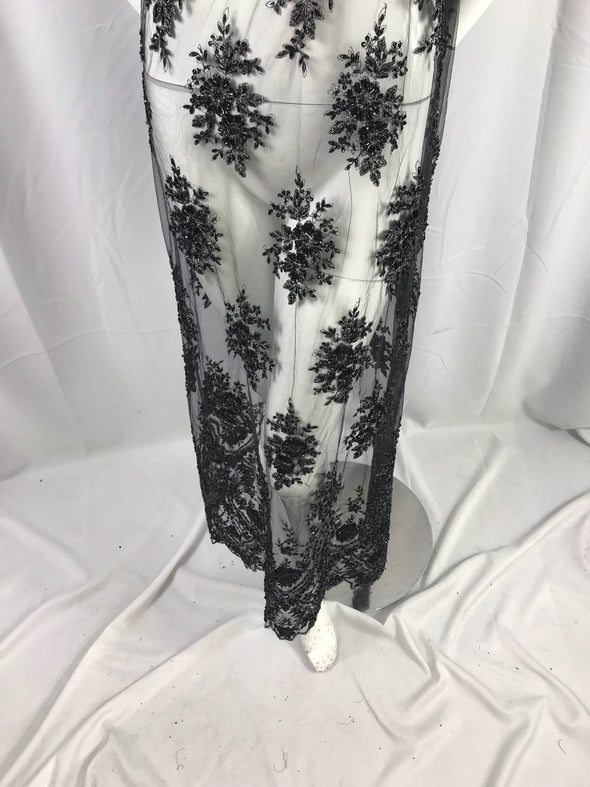 Black floral design embroider with sequins and metallic tread on a mesh lace-prom-dresses-fashion-apparel-nightgown-decorations-sold by yard