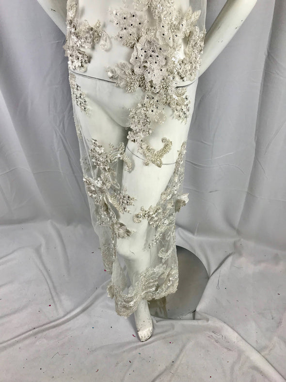 Ivory 3D floral design embroider with sequins and haned beaded on a mesh lace-dresses-fashion-nightgown-apparel-decorations-sold by yard.
