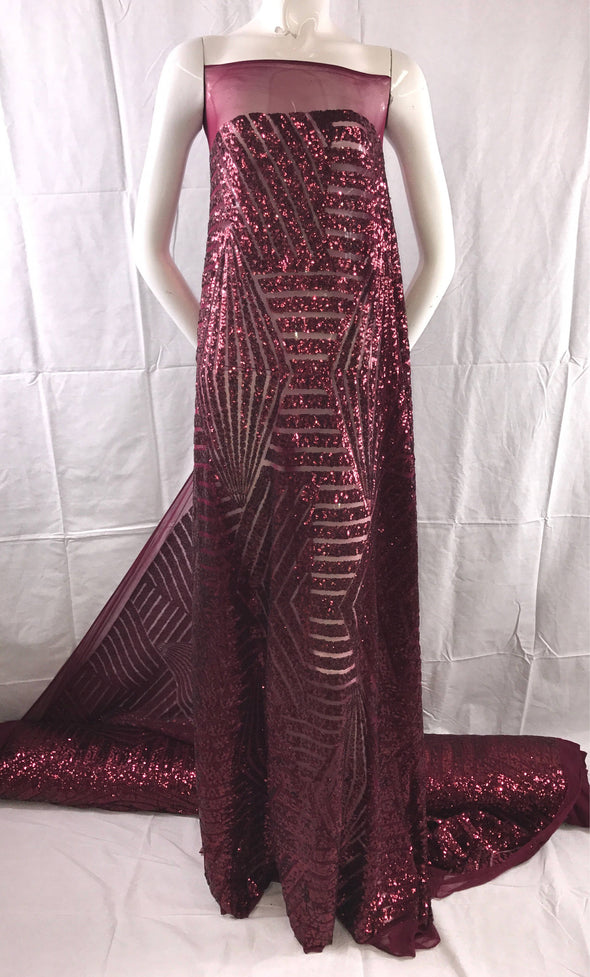 Geometric burgundy sequins embroider on a 4 way stretch mesh/Bridal/Prom/Nightgown-fashion-dress fabric. Sold by the yard.