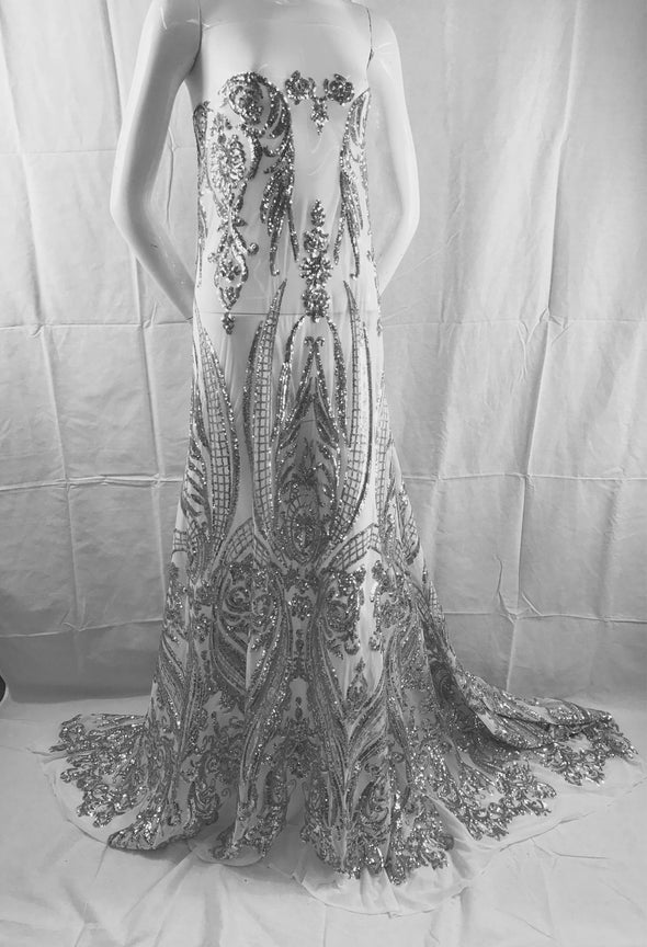 Silver empire design embroider with sequins on a 2 way stretch white mesh-wedding-bridal-prom-nightgown-sold by the yard.