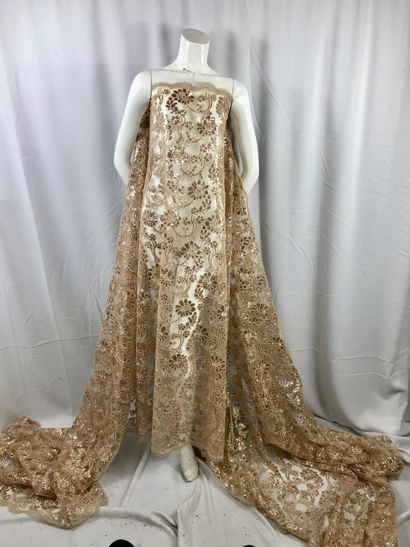 Champagne flowers embroider with blush sequins and corded on a mesh lace-prom-nightgown-decorations-wedding-bridal-sold by the yard.