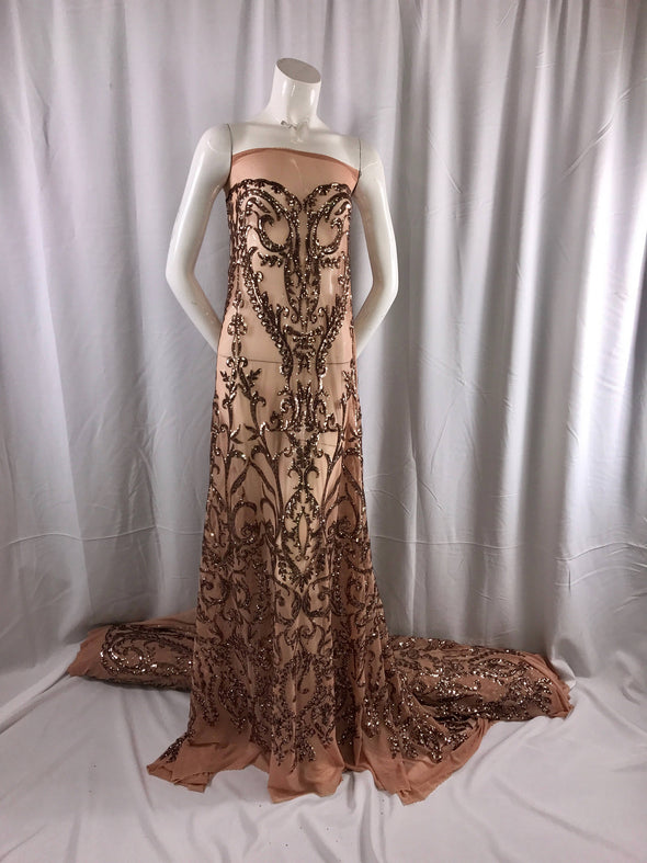 Skin damask design embroider with Sequins on a mesh lace-prom-nightgown-decorations-dresses-sold by the yard.