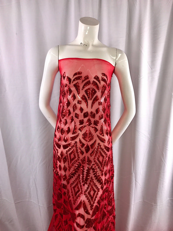 Red Diamond burst design embroider with sequins on a mesh lace fabric-wedding-bridal-prom-nightgown-dresses-decorations-Sold by the yard.