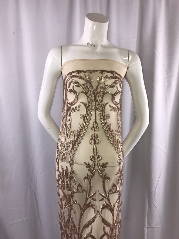 Matte champagne damask design embroider with sequins on a 2 way stretch mesh-prom-nightgown-decorations-dresses-sold by the yard.