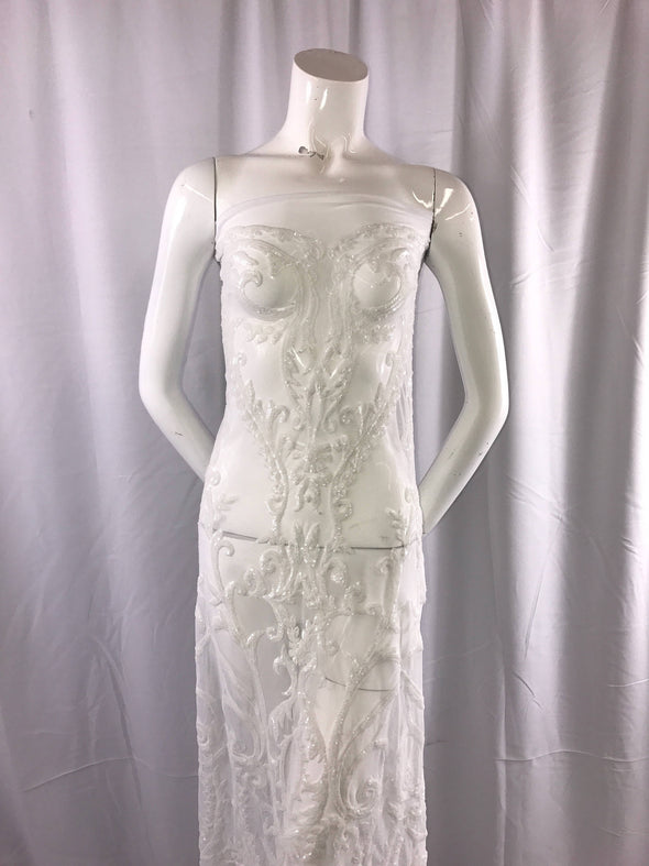White damask design embroider with sequins on a 2 way stretch mesh-prom-nightgown-decorations-bridal-dresses-sold by the yard.